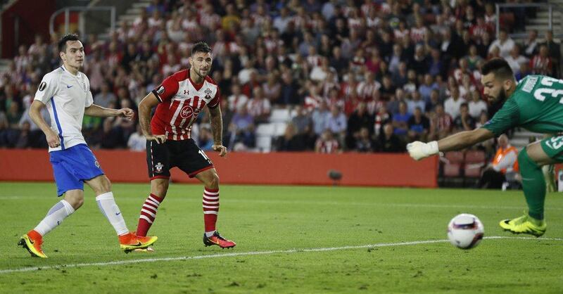 Southampton’s Charlie Austin scores their second goal against Sparta Prague. Stefan Wermuth / Reuters