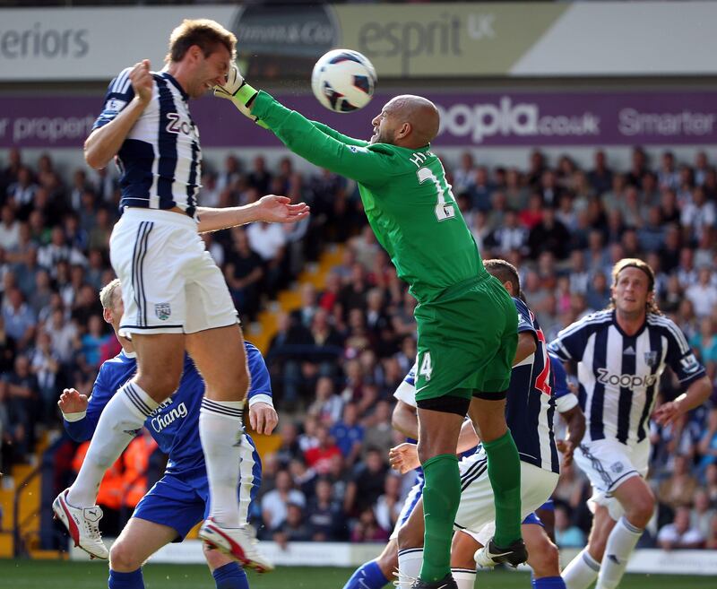 WEST BROMWICH, ENGLAND - SEPTEMBER 01: Gareth McAuley of West Brom scores the second goal  during the Barclays Premier League match between West Bromwich Albion and Everton at The Hawthorns on September 1, 2012 in West Bromwich, England.  (Photo by Ross Kinnaird/Getty Images) *** Local Caption ***  151106139.jpg