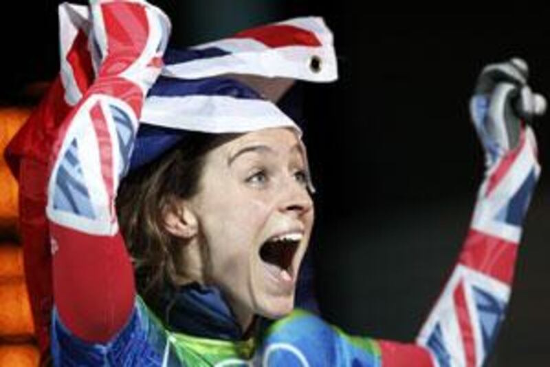 Britain's Amy Williams celebrates her gold medal victory in the women's skeleton event at the Vancouver 2010 Winter Olympics.