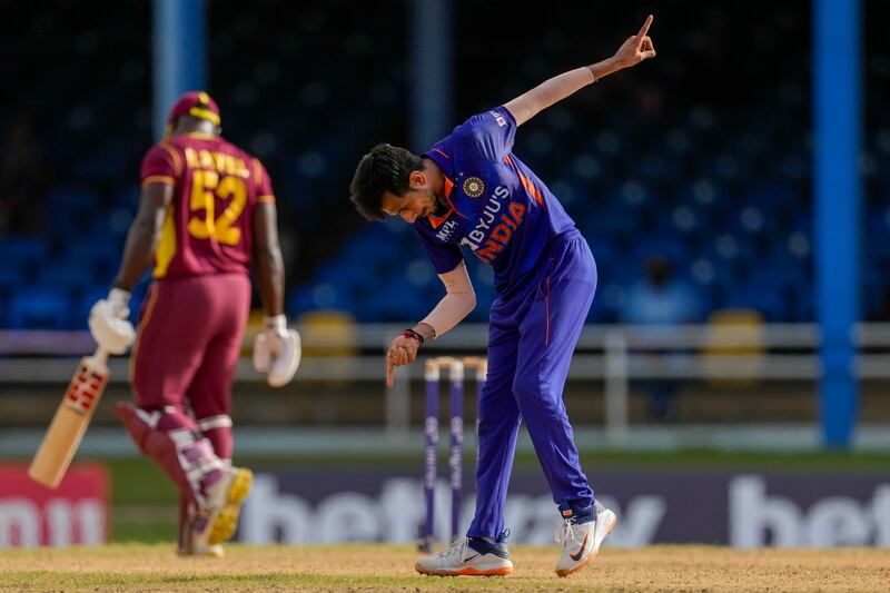 India's Yuzvendra Chahal after dismissing West Indies' Rovman Powell. AP