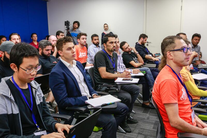 Students during the pitching workshop of the Dubai Startup Weekend at Astrolabs. Victor Besa for The National
