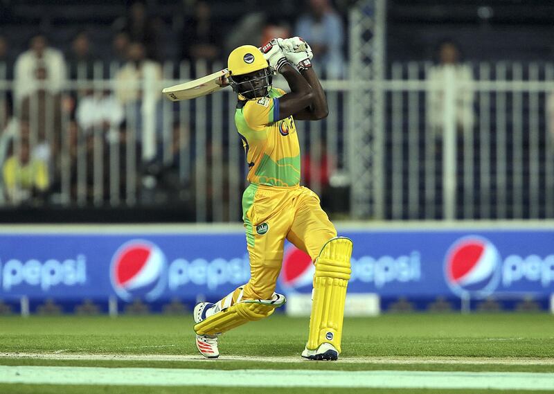 Sharjah, November, 24, 2018: Andre Fletcher of Pakthoons plays a shot agianst Sindhis in the T10 match at the Sharjah Cricket Stadium in Sharjah.  / Story by Paul Radley/ The National
