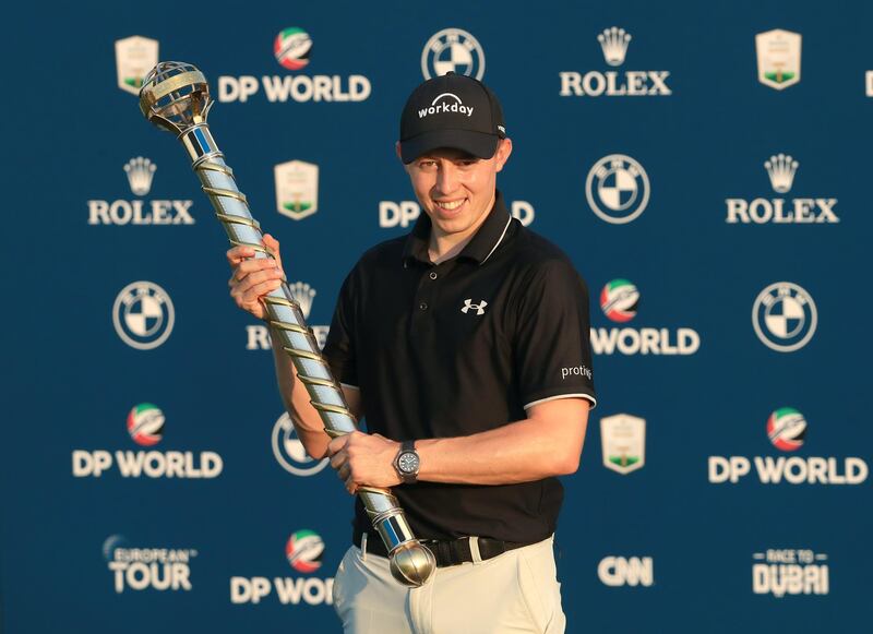 Matthew Fitzpatrick of England celebrates winning the DP World Tour Championship. Getty