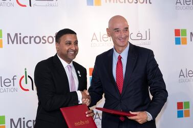 Geoffrey Alphonso, chief executive of Alef Education, and Sayed Hashish, general manager of Microsoft UAE, agree a strategic partnership between the two companies. Reem Mohammed/The National