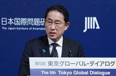 Japan's Prime Minister Fumio Kishida delivers at the 5th Tokyo Global Dialogue in Tokyo on February 28. AFP
