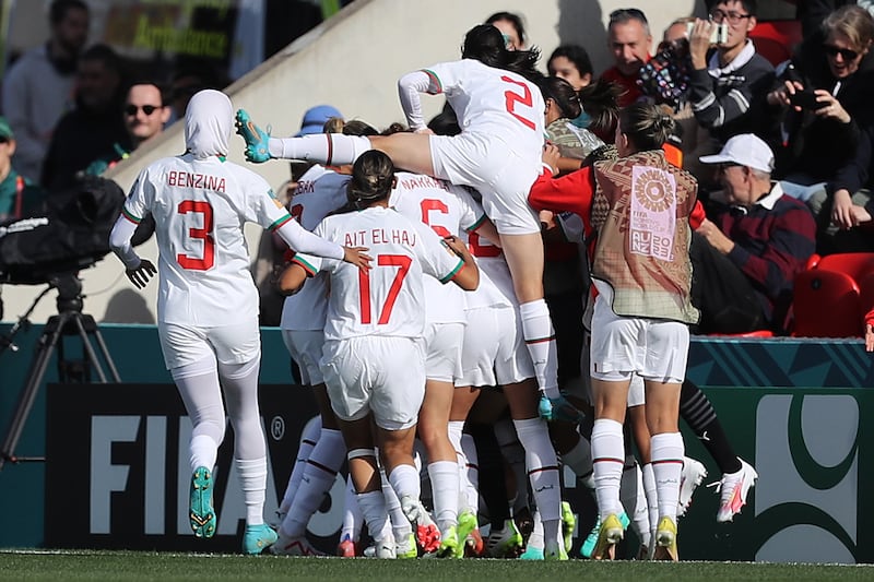 Moroccan players celebrate a goal scored by Ibtissam Jraidi. EPA