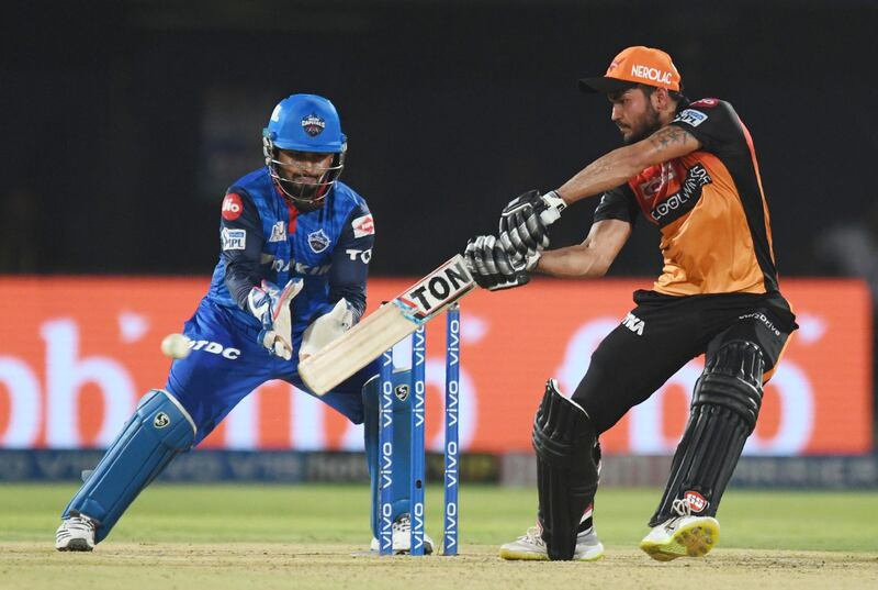 Sunrisers Hyderabad batsman Manish Pandey plays a shot during the 2019 Indian Premier League (IPL) eliminator Twenty20 cricket match between Sunrisers Hyderabad and Delhi Capitals at the Dr. Y.S. Rajasekhara Reddy ACA-VDCA Cricket Stadium in Visakhapatnam on May 8, 2019. (Photo by NOAH SEELAM / AFP) / ----IMAGE RESTRICTED TO EDITORIAL USE - STRICTLY NO COMMERCIAL USE-----