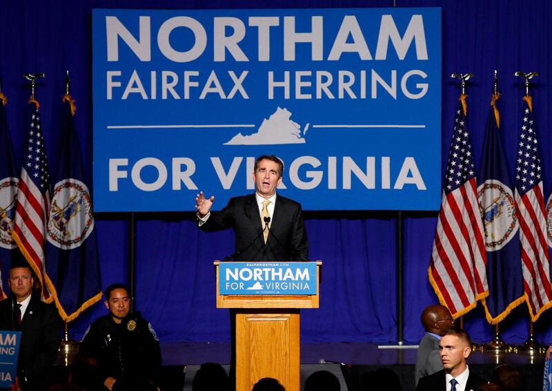 FILE PHOTO: Democratic candidate for governor Ralph Northam speaks after his election night victory at the campus of George Mason University in Fairfax, Virginia, November 7, 2017. REUTERS/Aaron P. Bernstein/File Photo