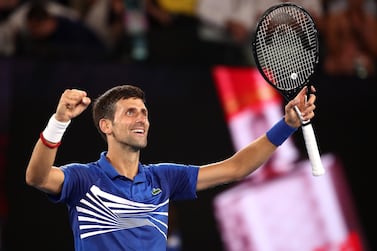 Novak Djokovic celebrates reaching the Australian Open final. Getty 