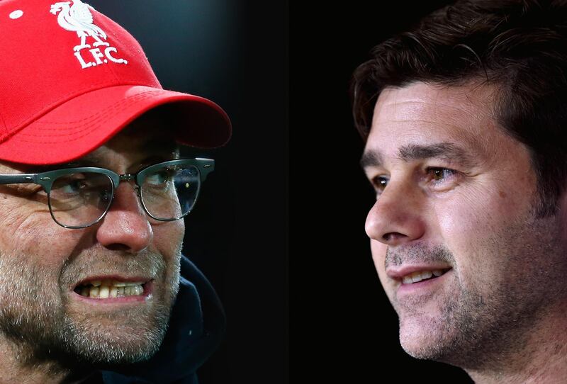 FILE PHOTO (EDITORS NOTE: GRADIENT ADDED - COMPOSITE OF TWO IMAGES - Image numbers (L) 509207282 and 862001578) In this composite image a comparision has been made between Jurgen Klopp manager of Liverpool (L) and Mauricio Pochettino, Manager of Tottenham Hotspur.  Liverpool and Tottenham Hotspur meet in a Premier League fixture on February 4, 2018 at Anfield in Liverpool. ***LEFT IMAGE*** LONDON, ENGLAND - FEBRUARY 09: Jurgen Klopp manager of Liverpool looks on prior to the Emirates FA Cup Fourth Round Replay match between West Ham United and Liverpool at Boleyn Ground on February 9, 2016 in London, England. (Photo by Clive Rose/Getty Images) ***RIGHT IMAGE*** MADRID, SPAIN - OCTOBER 16: Mauricio Pochettino, Manager of Tottenham Hotspur speaks to the media during the Tottenham Hotspur Press Conference at Estadio Santiago Bernabeu on October 16, 2017 in Madrid, Spain. (Photo by Denis Doyle/Getty Images)
