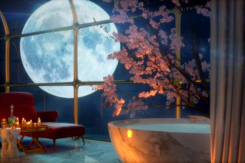 The bathtub in the 'palace on rails' with a moon landscape