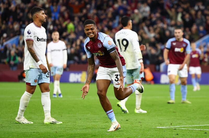 Aston Villa's Leon Bailey celebrates scoring their fourth goal. Reuters