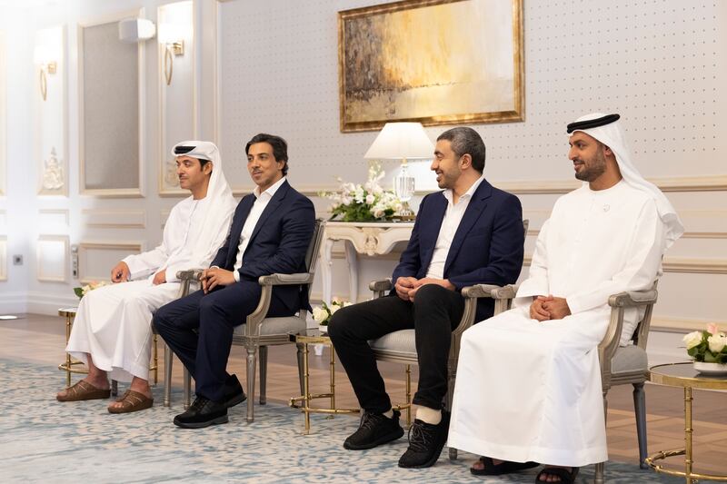 From right, Sheikh Mohamed bin Hamad, Sheikh Abdullah, Sheikh Mansour and Sheikh Hazza at El Alamein Presidential Palace. Ryan Carter / UAE Presidential Court

