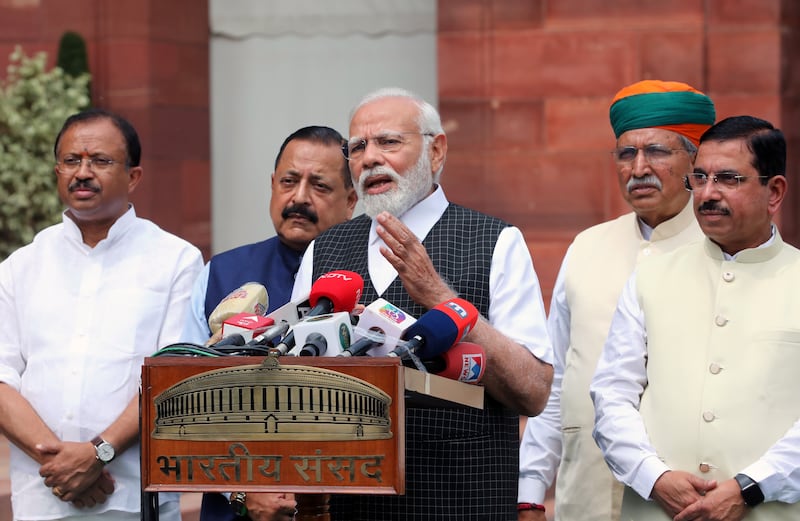 Indian Prime Minister Narendra Modi at Parliament House in New Delhi, where he said: 'My heart is filled with pain and anger because of the Manipur incident ... the guilty will not be spared'. EPA 