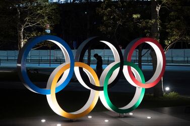 The Olympic rings displayed in front of the New National Stadium in Tokyo which will host track and field events at the 2021 Games. AP Photo