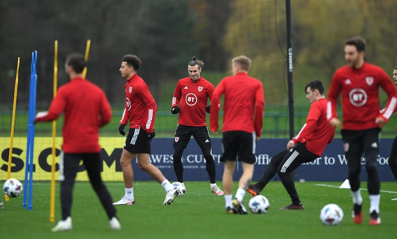 Wales captain Gareth Bale, centre, training with teammates. Getty