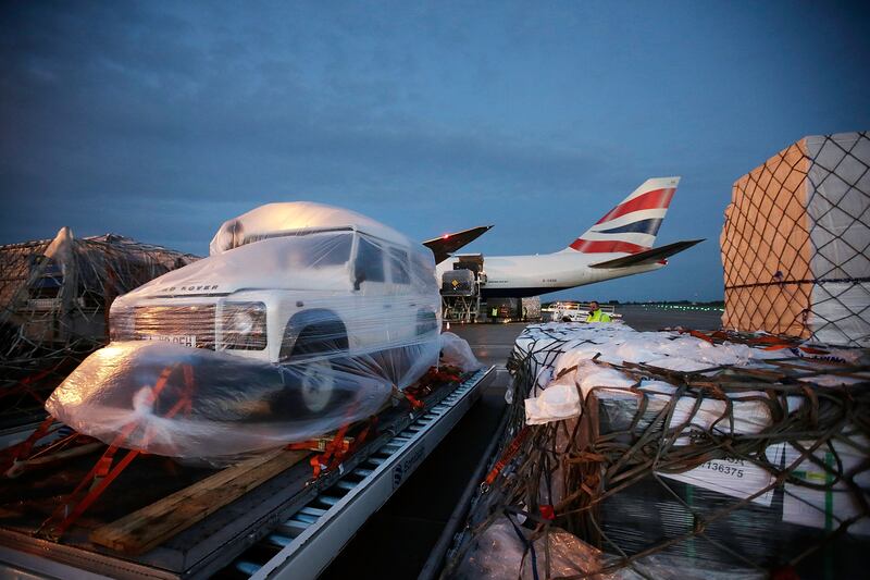 A Land Rover at Stansted Airport in 2013, destined for the Philippines as part of relief materials to the areas devastated by Typhoon Haiyan