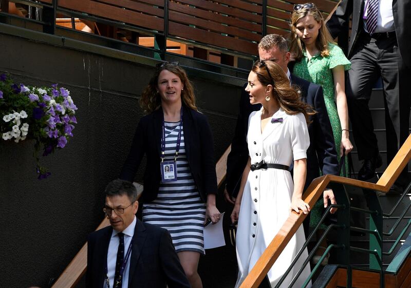 Kate Middleton, Duchess of Cambridge, arrives at the All England Lawn Tennis and Croquet Club, southwest London, on Tuesday. Reuters