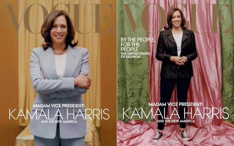 (COMBO) This combination of pictures created on January 12, 2021 shows
two handout photo obtained on January 12, 2021 courtesy of Vogue, of US Vice President-elect Kamala Harris in a Michael Kors Collection suit on the February 2021 cover of Vogue magazine(L) and against colors inspired by those of her Howard university sorority, Alpha Kappa Alpha, Vice President–elect Kamala Harris(R) as she wears a Donald Deal jacket and Converse sneakers on the February 2021 cover of Vogue magazine.
 A Vogue cover photo of Vice-President-elect Kamala Harris dressed casually has sparked controversy with critics saying it diminishes her achievements, forcing editor Anna Wintour to defend the image on January 12, 2021. Criticism of the cover has spread on social media since it was released on January 10, 2021, with users insisting the portrait of Harris wearing sneakers is disrespectful to the first Black woman to be elected vice president.

A Vogue cover photo of Vice-President-elect Kamala Harris dressed casually has sparked controversy with critics saying it diminishes her achievements, forcing editor Anna Wintour to defend the image on January 12, 2021. Criticism of the cover has spread on social media since it was released on January 10, 2021, with users insisting the portrait of Harris wearing sneakers is disrespectful to the first Black woman to be elected vice president.

 - RESTRICTED TO EDITORIAL USE - MANDATORY CREDIT "AFP PHOTO /VOGUE/TYLER MITCHELL/VOGUE.COM/AMERICANVOGUE.COM/HANDOUT - NO MARKETING NO ADVERTISING CAMPAIGNS - DISTRIBUTED AS A SERVICE TO CLIENTS --- NO ARCHIVE ---

RESTRICTED TO EDITORIAL USE - MANDATORY CREDIT "AFP PHOTO /VOGUE/TYLER MITCHELL/VOGUE.COM/AMERICANVOGUE.COM/HANDOUT - NO MARKETING NO ADVERTISING CAMPAIGNS - DISTRIBUTED AS A SERVICE TO CLIENTS --- NO ARCHIVE ---

 / AFP / Vogue / Tyler MITCHELL / RESTRICTED TO EDITORIAL USE - MANDATORY CREDIT "AFP PHOTO /VOGUE/TYLER MITCHELL/VOGUE.COM/AMERICANVOGUE.COM/HANDOUT - NO MARKETING NO ADVERTISING CAMPAIGNS - DISTRIBUTED AS A SERVICE TO CLIENTS --- NO ARCHIVE ---

RESTRICTED TO EDITORIAL USE - MANDATORY CREDIT "AFP PHOTO /VOGUE/TYLER MITCHELL/VOGUE.COM/AMERICANVOGUE.COM/HANDOUT - NO MARKETING NO ADVERTISING CAMPAIGNS - DISTRIBUTED AS A SERVICE TO CLIENTS --- NO ARCHIVE ---

