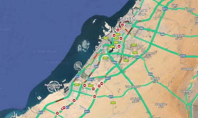 Google Maps image shows traffic issues in Dubai and Sharjah on the first Monday after the storms. Photo: Google