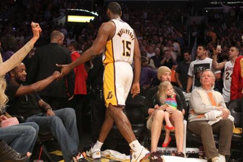 LOS ANGELES, CA - APRIL 22: Metta World Peace #15 of the Los Angeles Lakers leaves the court after being ejected for hitting James Harden #13 of the Oklahoma City Thunder at Staples Center on April 22, 2012 in Los Angeles, California. The Lakers won 114-106 in double overtime. NOTE TO USER: User expressly acknowledges and agrees that, by downloading and or using this photograph, User is consenting to the terms and conditions of the Getty Images License Agreement.   Stephen Dunn/Getty Images/AFP== FOR NEWSPAPERS, INTERNET, TELCOS & TELEVISION USE ONLY ==

