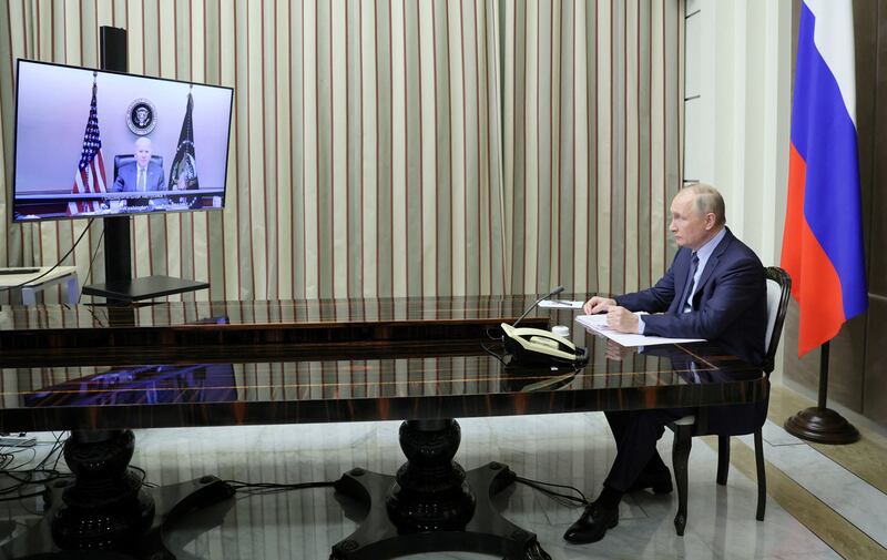 Russian President Vladimir Putin holds talks with US President Joe Biden via a video link in Sochi, Russia December 7. Reuters