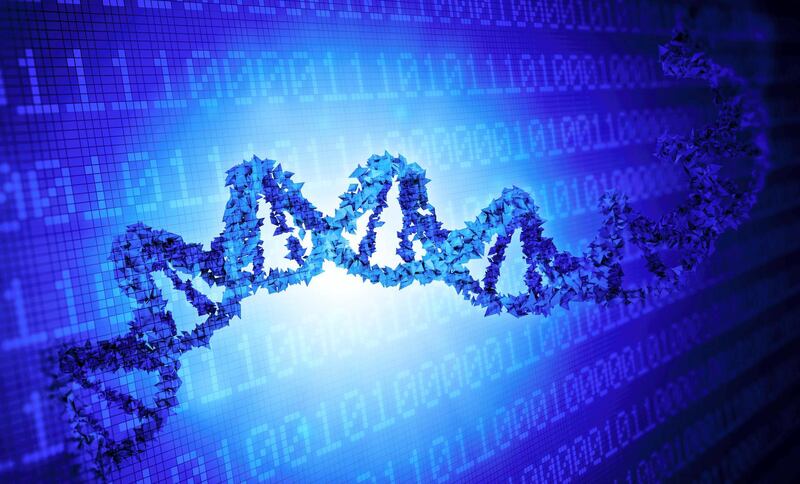 Deoxyribonucleic acid (DNA) and binary code, computer illustration.