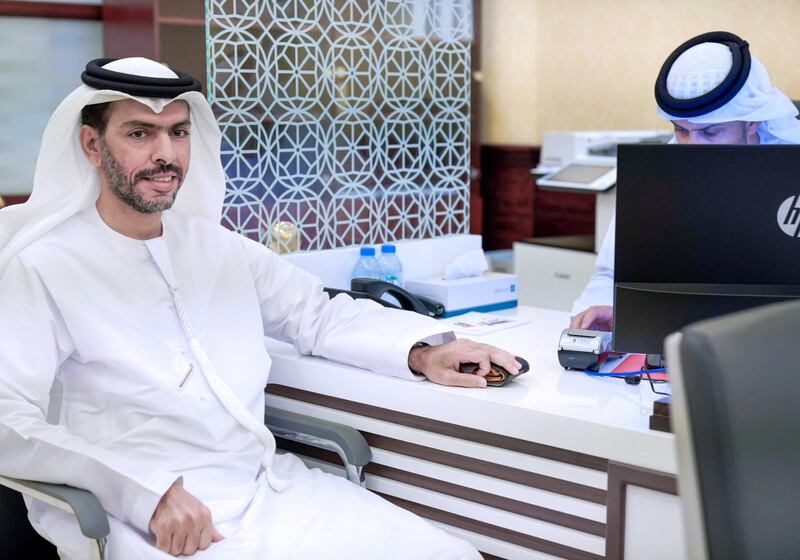 Abu Dhabi, United Arab Emirates, August 18, 2019.  Emiratis registering themselves for FNC elections at the Abu Dhabi Chamber of Commerce & Industry Building.  --  One of the first Emiratis to register at 8 a.m., Mubarak Al Mansouri
Victor Besa/The National
Section:  NA
Reporter:  Haneen Dajani