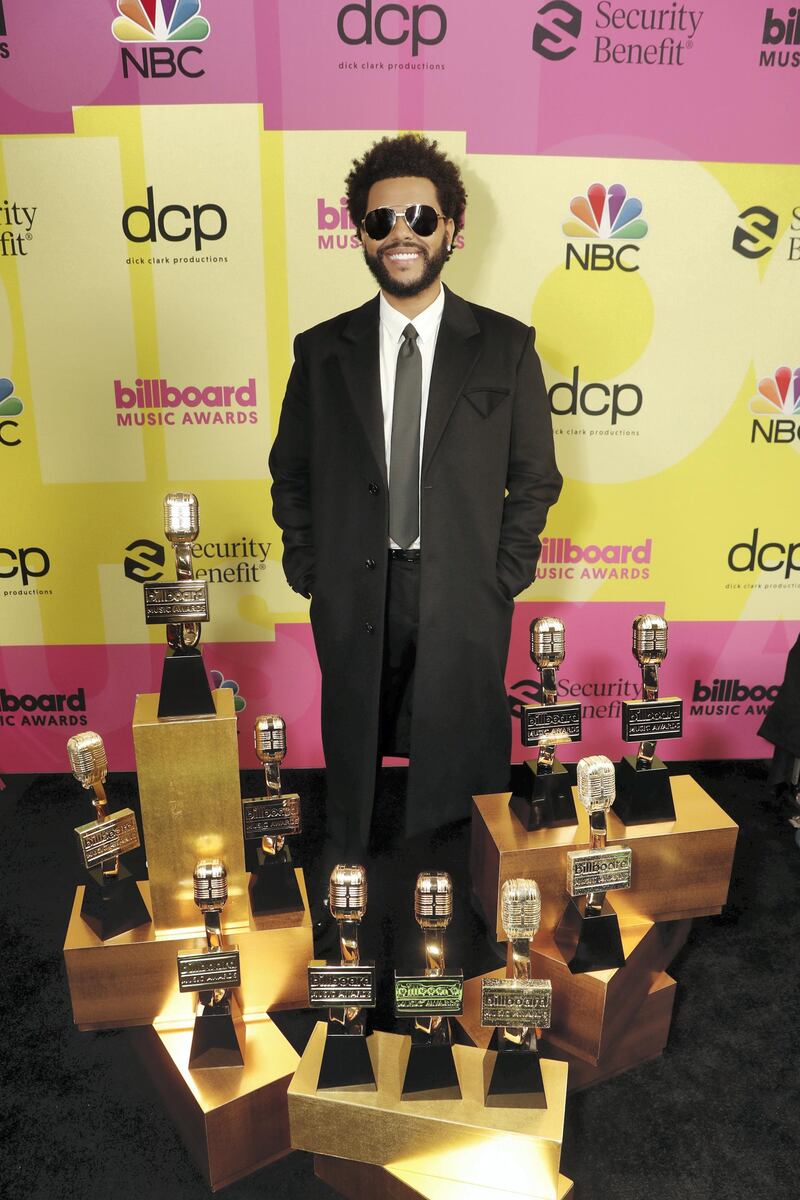 LOS ANGELES, CA - MAY 23:  2021 BILLBOARD MUSIC AWARDS -- Pictured: The Weeknd, winner of Top Artist, Top Male Artist, Top Hot 100 Artist, Top Radio Songs Artist, Top R&B Artist, Top R&B Male Artist, Top R&B Album, Top Hot 100 Song Presented by Rockstar, Top Radio Song, and Top R&B Song, poses backstage during the 2021 Billboard Music Awards held at the Microsoft Theater on May 23, 2021 in Los Angeles, California. --  (Photo by Todd Williamson/NBC/NBCU Photo Bank via Getty Images)