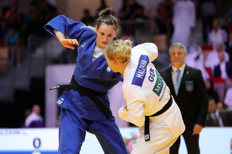 ABU DHABI , UNITED ARAB EMIRATES , October 26  – 2019 :- Judo fight between Luise Malzahn ( White from GER) vs Klara Apotekar (Blue from SLO) Final -78 kg going on during the Abu Dhabi Grand Slam held at Mubadala Arena in Abu Dhabi. Klara Apotekar (Blue from SLO) won the fight. ( Pawan Singh / The National )  For Sports. Story by Amith