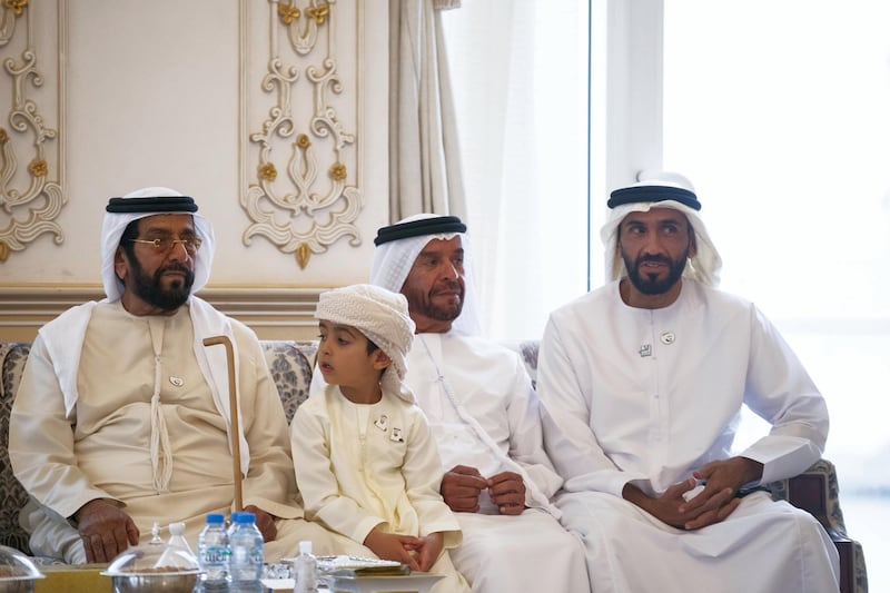 ABU DHABI, UNITED ARAB EMIRATES - April 08, 2019: (L-R) HH Sheikh Tahnoon bin Mohamed Al Nahyan, Ruler's Representative in Al Ain Region, HH Sheikh Suroor bin Mohamed bin Suroor Al Nahyan, HH Sheikh Suroor bin Mohamed Al Nahyan and HH Sheikh Nahyan Bin Zayed Al Nahyan, Chairman of the Board of Trustees of Zayed bin Sultan Al Nahyan Charitable and Humanitarian Foundation, attend a Sea Palace Barza.

( Ryan Carter for the Ministry of Presidential Affairs )
---
