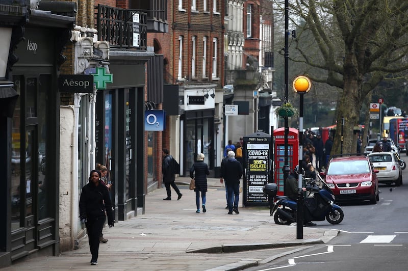 LONDON, ENGLAND - FEBRUARY 28: A general view of Hampstead High Street on February 28, 2021 in London, England. In its proposed budget, the British government will create a Â£5 billion fund of "restart grants" to help businesses across England recover from the covid-19 pandemic, which has forced the closure of shops, restaurants, hotels, salons, gyms and other retail and service-industry businesses. The devolved nations - Scotland, Wales and Northern Ireland - will receive equivalent funding. (Photo by Hollie Adams/Getty Images)
