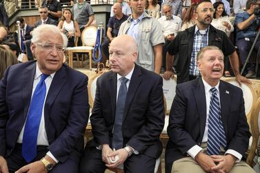 From left, US Ambassador to Israel David Friedman, White House Middle East envoy Jason Greenblatt and US Senator Lindsey Graham attend the the inauguration of an archaeological site in the Palestinian neighbourhood of Silwan in east Jerusalem on June 30, 2019. AFP