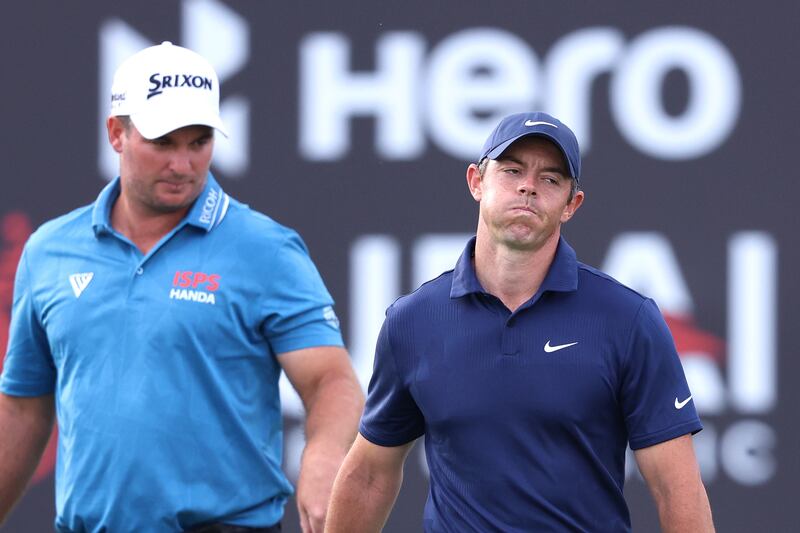 Rory McIlroy on the 18th green at the end of his second round in the Hero Dubai Desert Classic at Emirates Golf Club on January 28, 2023 in Dubai. Getty