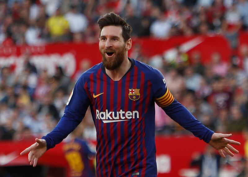 Barcelona forward Lionel Messi celebrates after scoring his side's second goal during La Liga soccer match between Sevilla and Barcelona at the Ramon Sanchez Pizjuan stadium in Seville, Spain. Saturday, February 23, 2019. (AP Photo/Miguel Morenatti)