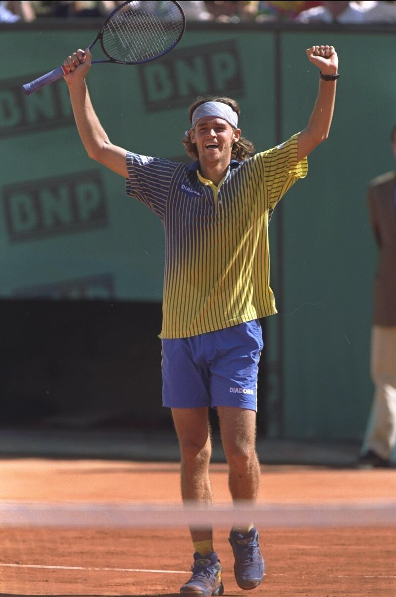 8 Jun 1997:  Gustavo Kuerten of Brazil celebrates after victory against Sergi Bruguera of Spain in the French Open at Roland Garros Stadium in Paris, France.  \ Mandatory Credit: Mike Hewitt /Allsport