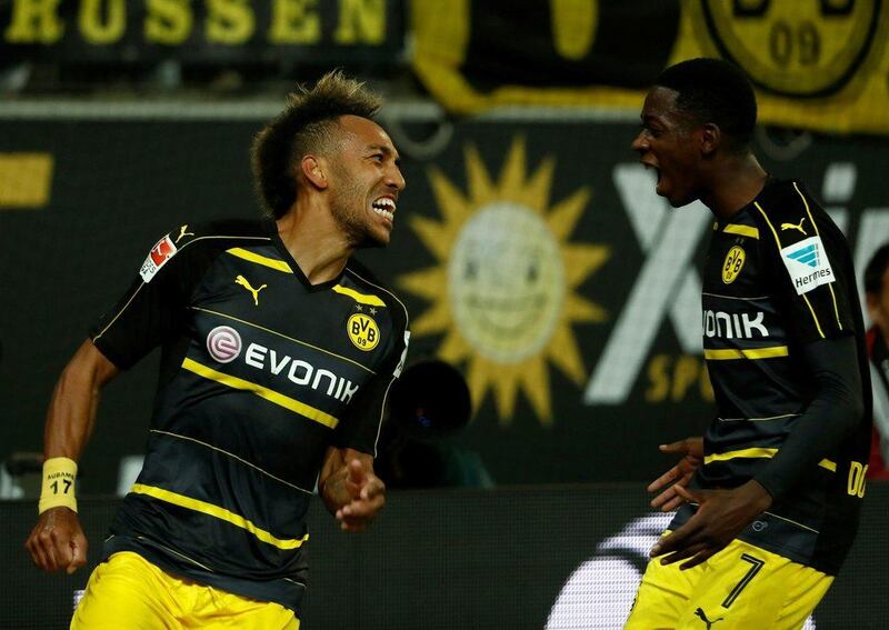 Borussia Dortmund's Pierre-Emerick Aubameyang celebrates a goal against Wolfsburg last week. Odd Andersen / AFP / September 20, 2016