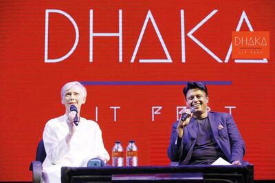 Tilda Swinton on stage at the Dhaka Lit Fest with festival director  Ahsan Akbar 