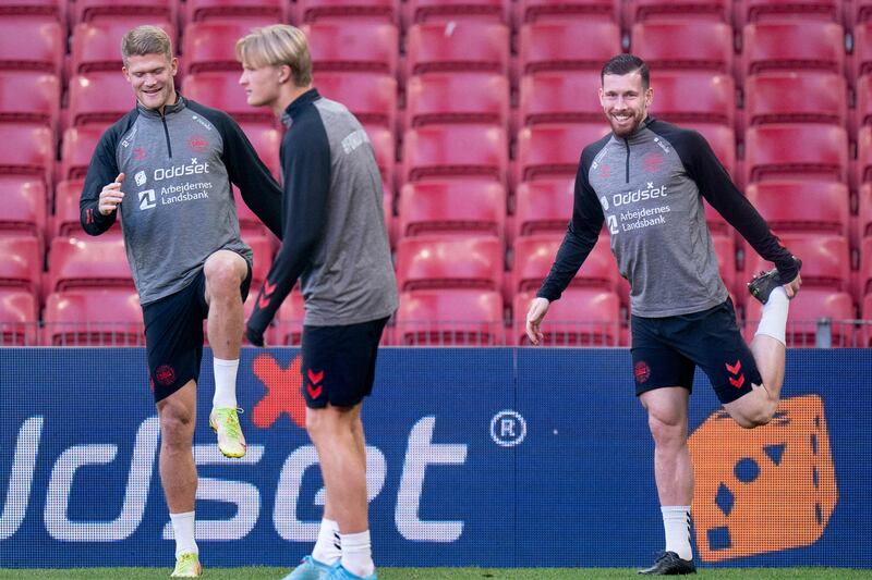 Denmark's Andreas Cornelius, Pierre-Emile Hoejbjerg and Kasper Dolberg train in Copenhagen. AFP