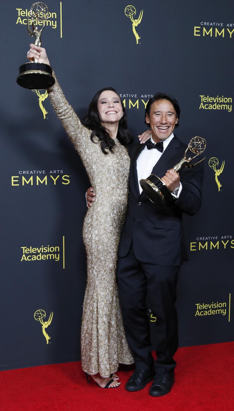 'Free Solo''sElizabeth Chai Vasarhelyi and Jimmy Chin at the 2019 Creative Arts Emmy Awards on Saturday, September 14, 2019. EPA