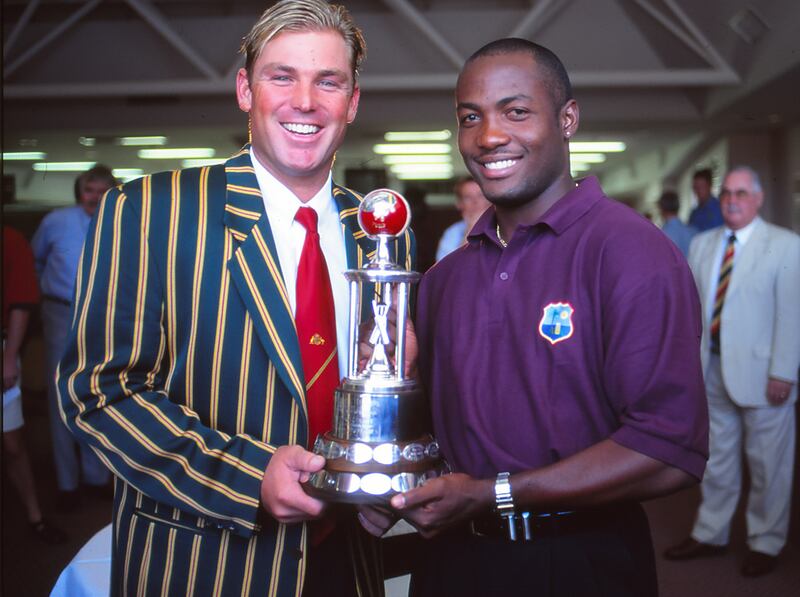 Shane Warne and Brian Lara of the West Indies in Australia in 1995. Getty Images