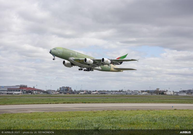 The unpainted superjumbo took flight for the first time on Wednesday, marking the end of an era for Airbus's biggest aircraft. Courtesy Airbus
