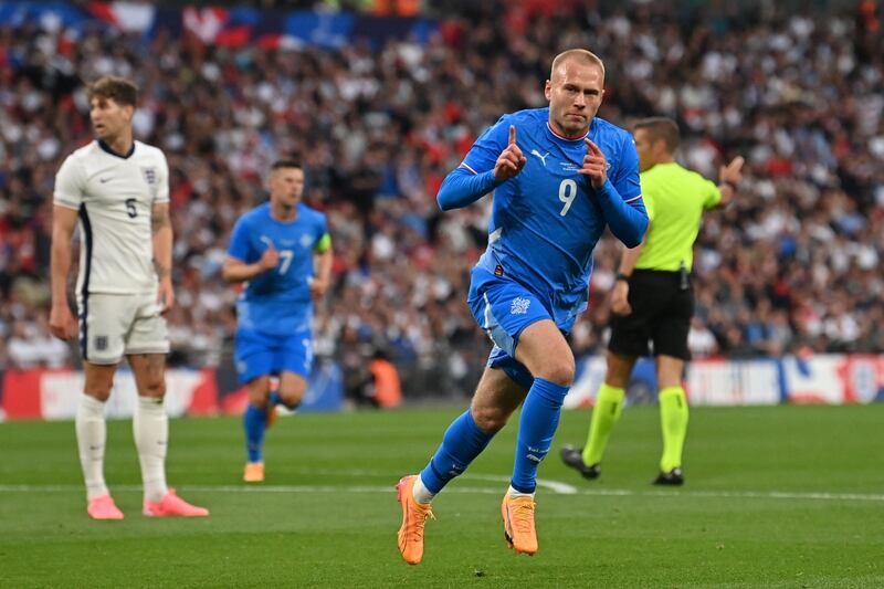 Iceland's Jon Dagur Thorsteinsson celebrates after scoring the only goal of the game. AFP