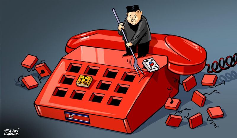 Our cartoonist Shadi Ghanim's take on North Korea halting all communications with South Korea in a row over leafleting
