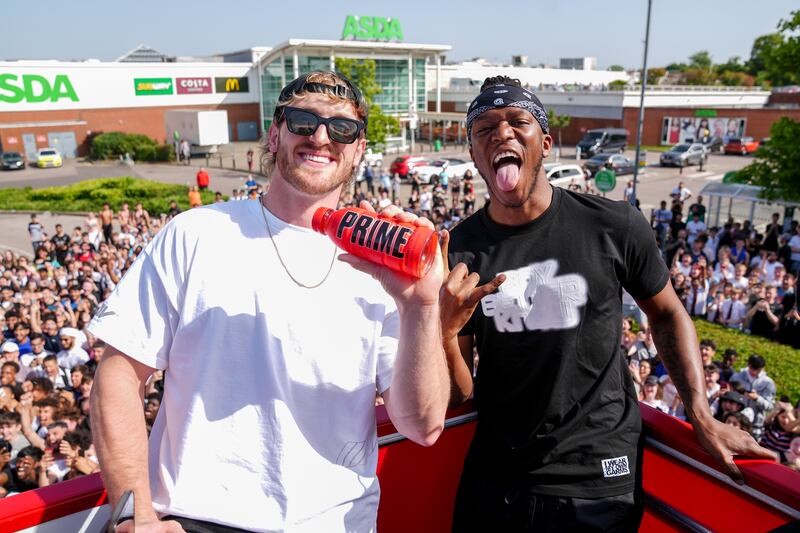 Logan Paul, left, and KSI at an event to promote a Prime drink product in London last year. AP