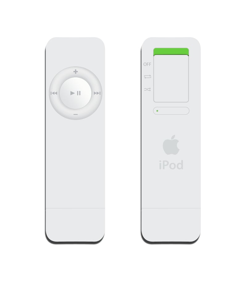 The Apple iPod shuffle 1st generation was released January 11, 2005. A first entry to the low-end market, it had no screen and just buttons to play / pause, next song or previous. The 512MB model sold for $99, while the 1GB model sold for $149. Photo: Apple