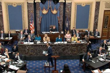 Congressman Adam Schiff leaves the podium after wrapping the Democrats' case in the impeachment trial against President Donald Trump in the Senate on January 24, 2020. Senate Television via AP