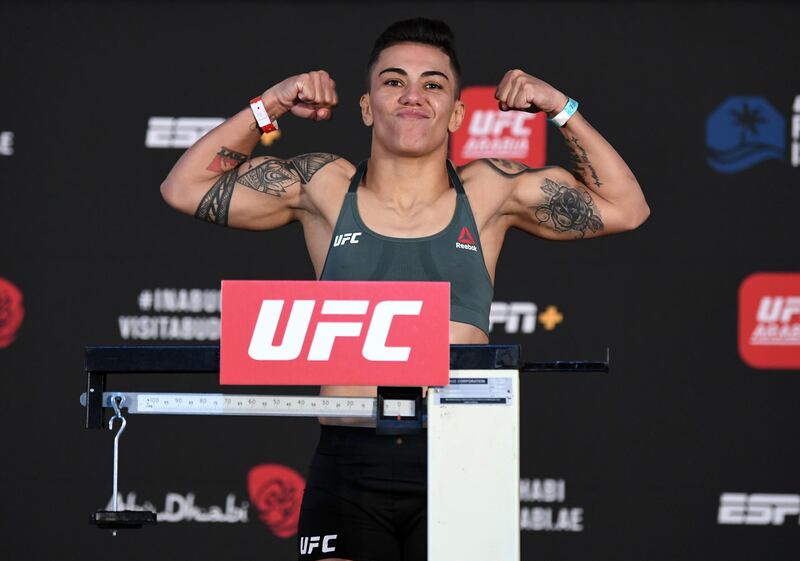 ABU DHABI, UNITED ARAB EMIRATES - OCTOBER 16: Jessica Andrade of Brazil poses on the scale during the UFC Fight Night weigh-in on October 16, 2020 on UFC Fight Island, Abu Dhabi, United Arab Emirates. (Photo by Josh Hedges/Zuffa LLC)