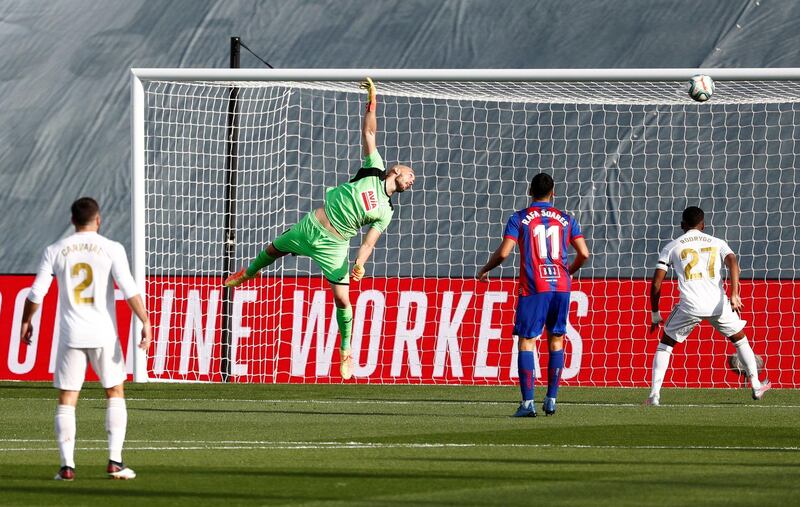 Eibar goalkeeper Marko Dmitrovic cannot stop Toni Kroos's shot hitting the back of the net. Reuters