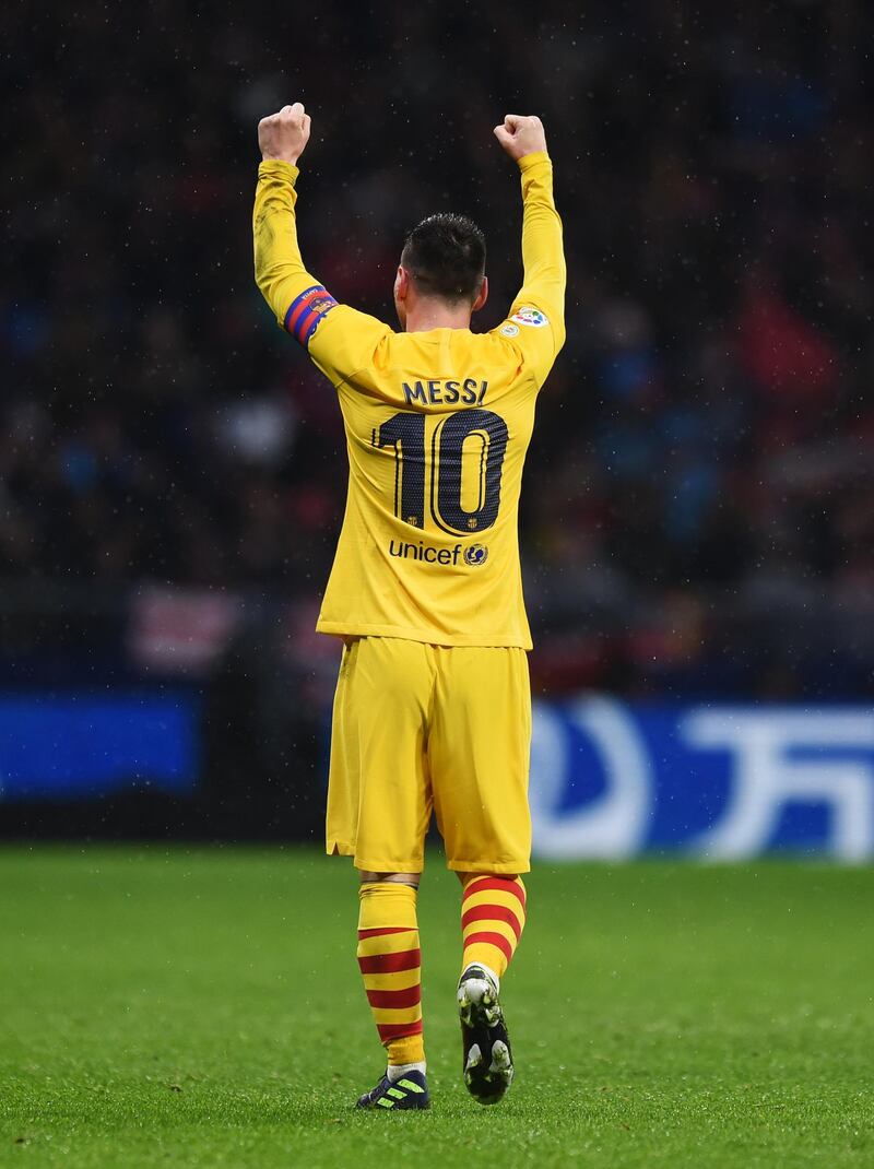 Lionel Messi of  Barcelona celebrates after scoring his team's goal. Getty